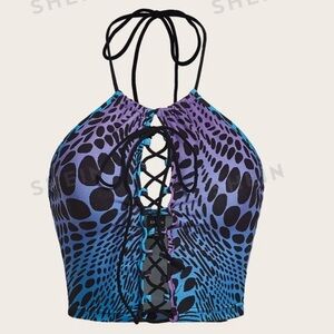 Purple blue black dot pattern lace up halter top